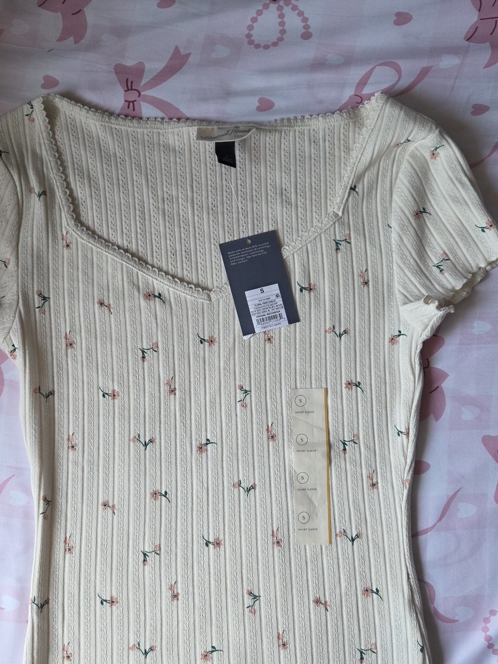 Target Cream Ribbed Short Sleeve Top with Pink Floral Print